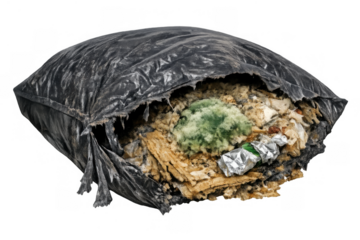Ripped trash bag showing decaying waste, household garbage, food scraps, and mold on a transparent background