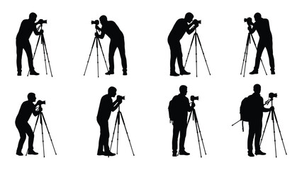 Silhouettes of photographers using tripods in various poses and perspectives