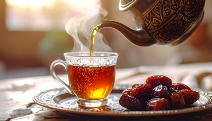 Pouring Tea into a Glass Cup with Dates on a Plate.