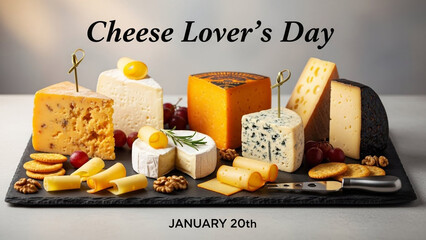 Assorted artisanal cheeses with crackers and grapes displayed on a black slate board for Cheese Lover's Day celebration on January 20th