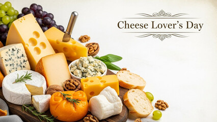 Delicious assortment of artisanal cheeses and accompaniments beautifully presented on a wooden platter for cheese lover's day celebration
