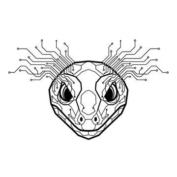 Stunning modern lizard head design merging reptile biology with futuristic digital circuit board technology