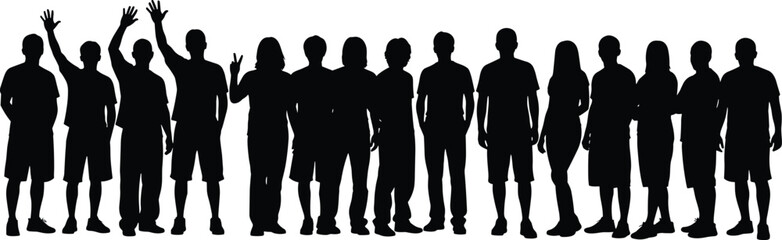 Large group of people silhouettes standing together, diverse crowd representing community, unity, teamwork and social diversity concept