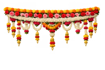 Traditional indian toran garland featuring marigold and rose flowers, colorful festive door decoration with transparent background
