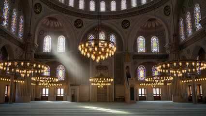 Grand Mosque Interior with Ornate Chandeliers and Stained Glass Windows Illuminated