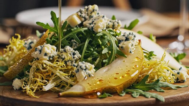 Cinematic close-up of gourmet frisee and arugula salad mixed with sliced juicy pear and crumbled blue cheese served on a rustic plate for a healthy culinary dining experience in slow motion.