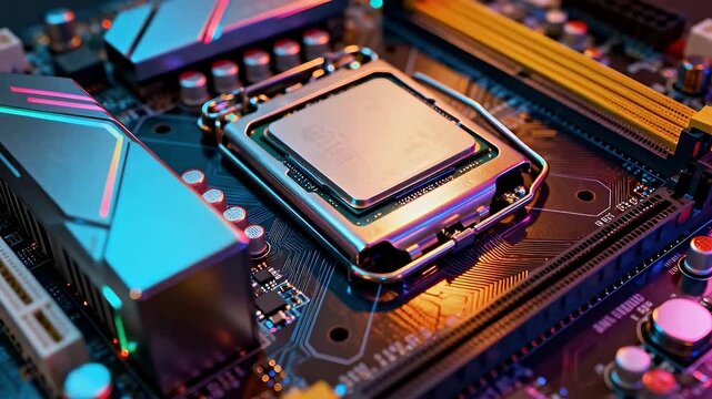 A close-up shot of a modern computer motherboard with a CPU installed, showcasing intricate electronic components.
