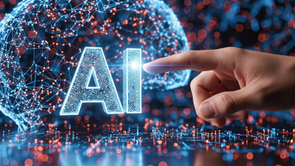 Human hand touching glowing AI brain in futuristic digital network with neon lights and circuit patterns