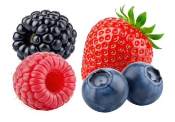 Vibrant close-up of fresh blackberry, strawberry, raspberry, and blueberries with natural sheen and moisture, soft studio light on transparent background, concept of natural purity and health