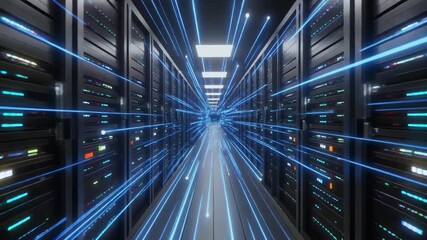 Futuristic data center corridor with glowing blue light lines symbolizing high-speed data transfer and network connectivity. - Powered by Adobe