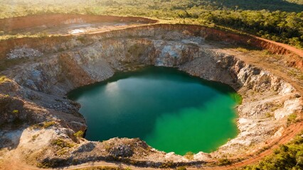 Aerial view of a vibrant green water-filled quarry surrounded by rocky terrain and forested hills