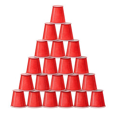 Watercolor Red plastic cups stacked in pyramid isolated on a transparent background