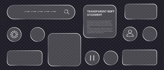 Collection of Liquid glass  smartphone icon user interface components with metallic outlines, including a search field, settings icon. Control center widget for smartphone and web vector illustration.