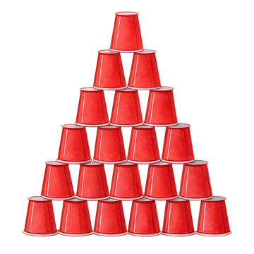 Watercolor Red plastic cups stacked in pyramid isolated on a transparent background