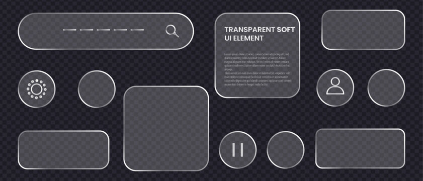 Collection of Liquid glass  smartphone icon user interface components with metallic outlines, including a search field, settings icon. Control center widget for smartphone and web vector illustration.