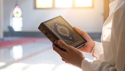 Close-up of a person holding the Quran in a mosque.