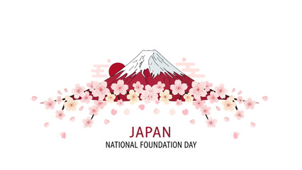 Illustration of Mount Fuji with cherry blossoms and Japan National Foundation Day text on a white background.