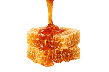 Golden honey dripping down stacked natural honeycomb pieces, creating a sweet and healthy visual. Transparent background