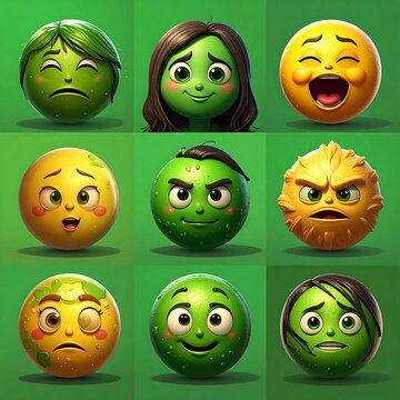 Nine stylized spherical faces showcasing various emotional expressions