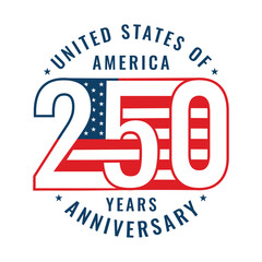 250 years anniversary badge, sticker, label, tag with an American flag illustration. 250th anniversary celebration greeting card, banner, poster, template design for 4th of July US Independence Day