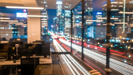 Blurred office interior with city lights and highway traffic at night