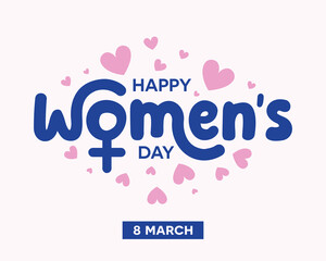Happy Women's Day typography greeting with female sign and pink hearts vector illustration. Perfect for International Women's Day celebration on 8 March poster, banner, template.