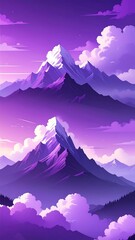 Stylized purple mountains against a sky with fluffy clouds