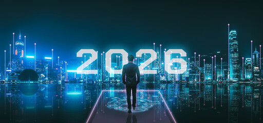 New year 2026 smart business man on future tech digital network night Hong Kong city background