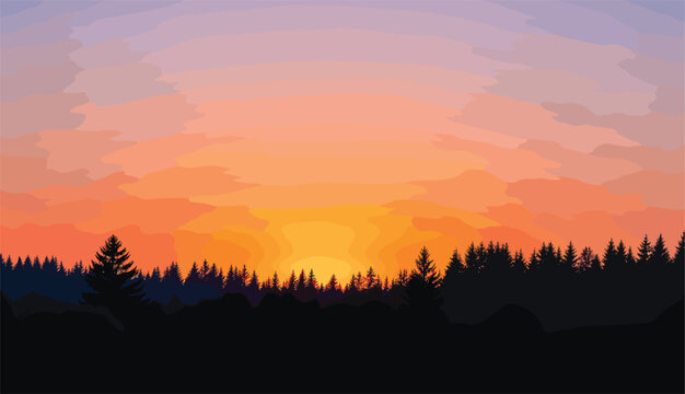 Atmospheric vector of a dark pine forest silhouette at sunset under a layered hazy orange and lavender sky.