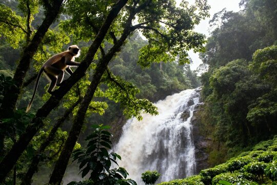 Monkey perched on tree branch near a cascading waterfall in a lush forest - Powered by Adobe