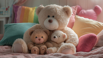 Adorable teddy bear family on bed for kids room decor and plush toy collection for cute bedroom design