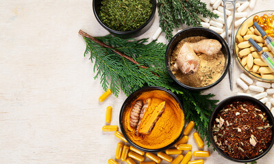 Alternative medicine herbal organic capsule. Herbs leaf natural supplements for healthy good life.