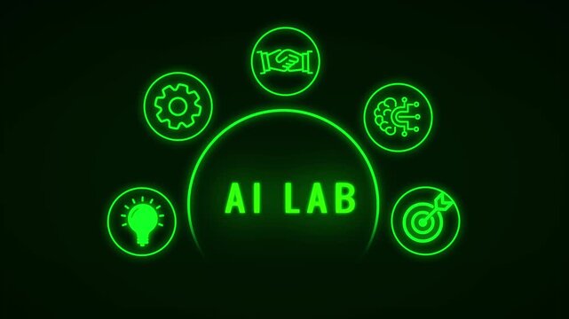 A dark green digital infographic five glowing neon green arranged in a semi-circle above a larger glowing green semi-circle on a black background representing business concepts Keywords: business