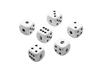 Six white plastic dice with black pips, each showing a face from one to six, scattered on a transparent background with copy space, uniform studio lighting, concept of gaming and probability