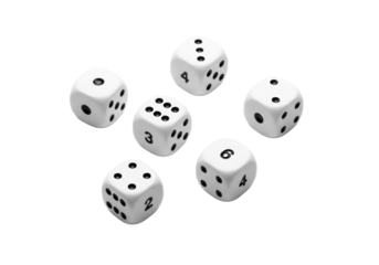 Six white plastic dice with black pips, each showing a face from one to six, scattered on a transparent background with copy space, uniform studio lighting, concept of gaming and probability