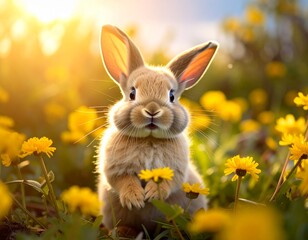 Fototapeta premium Adorable Bunny in a Field of Yellow Flowers, Sunny Day, Natures Beauty, Springtime.