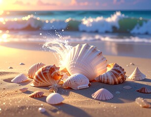 Sunny beach scene with seashells, waves, sand, and sparkling water