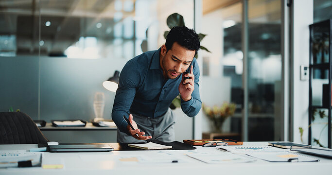 Creative agency, phone call and man with documents, discussion and problem solving for article report. Business person, journalist and notes in office with checklist, feedback and graph communication