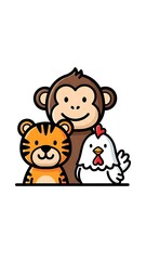 Fototapeta premium Cartoon animals monkey tiger chicken friends.