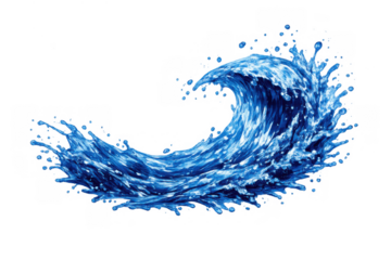 Blue water wave creating a vigorous splash with droplets, capturing dynamic energy and fluidity. Transparent background