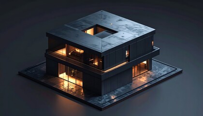 Cubical modern building glows warmly with inner light