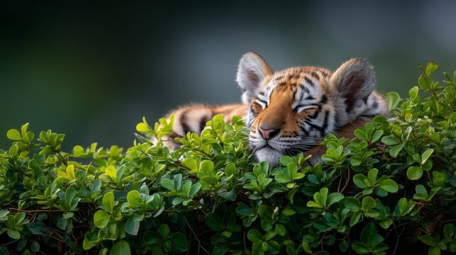 A baby tiger rests snugly on vibrant green leaves of Centella asiatica, enjoying a serene moment surrounded by nature's beauty, unaware of its surroundings