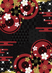 ハニカム和柄に和傘と桜、背景、イラスト、黒、横、かわいい
