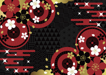 ハニカム和柄に和傘と桜、背景、イラスト、黒、縦、かわいい