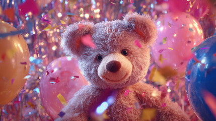 Celebration teddy bear with balloons and confetti for birthday party stock photo and image download online
