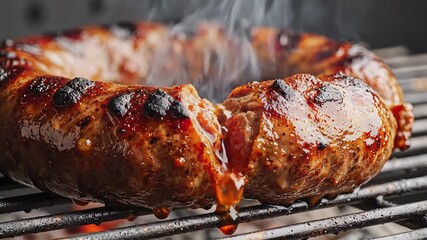 A succulent juicy sausage perfectly coiled and sizzling on a hot barbecue grill with visible smoke rising and delicious drippings falling creating an irresistible aroma of outdoor summer cooking and .