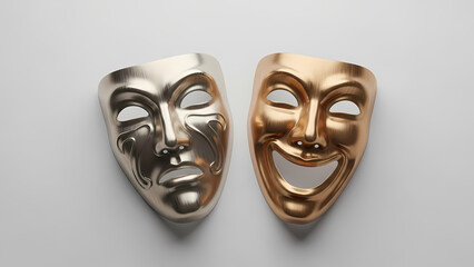 Silver and Gold Theater Masks on Neutral Background