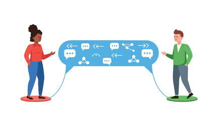 Global Communication Hub with Diverse Data Exchange Icons and Speech Bubbles for Social Media Concept