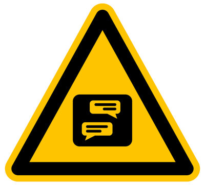 Se&ntilde;al de advertencia con icono de burbujas de chat y di&aacute;logo ilustraci&oacute;n de vector amarillo para comunicaci&oacute;n y redes sociales