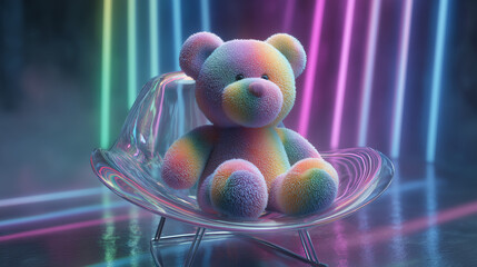 Rainbow teddy bear sitting in a clear chair with neon lights background stock photo and wallpaper image